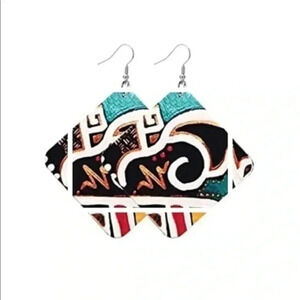 Artistic Square Ethnic Women’s Ladies Large Wood Wooden Drop Earrings NWT